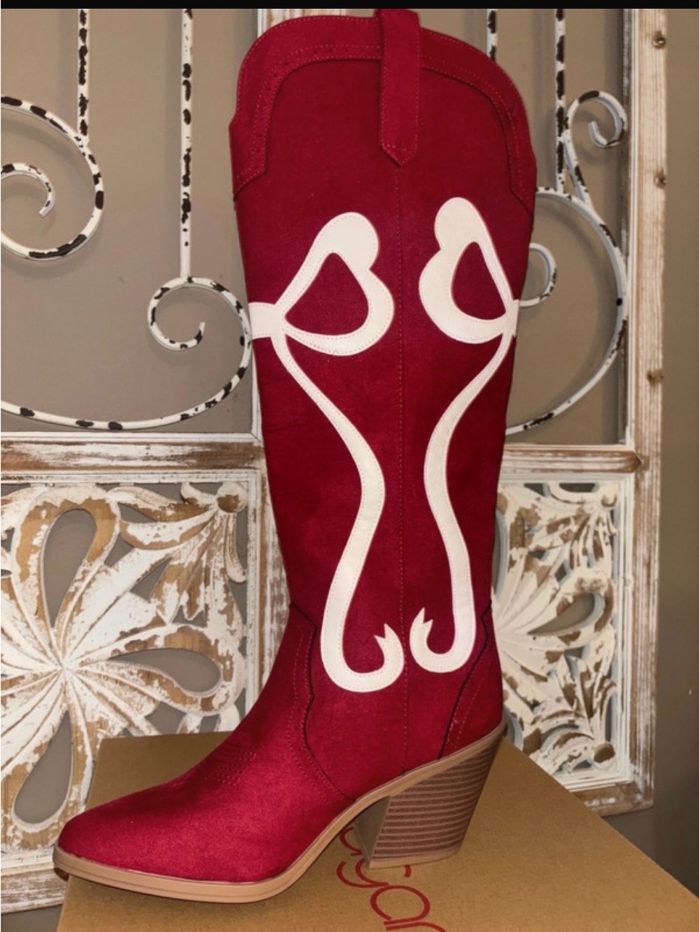 Sugar Red Knee-High Western Boots with White Inlay